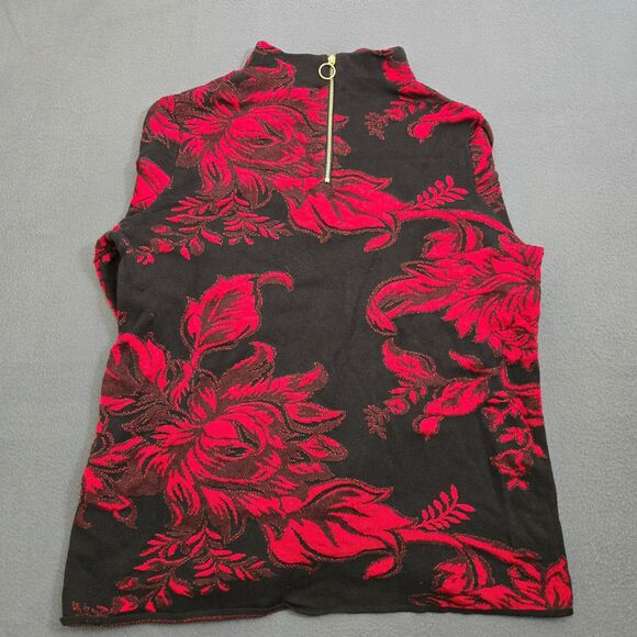 Chico's Women 1 US M Baroque Print Zip Back Mock Neck Black Red Floral Sweater - Picture 9 of 9